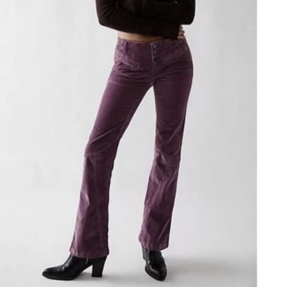 Free People Hit Back Slim Flare Pants Size 0 Button Fly Stretch Cords Velvet - Picture 1 of 15